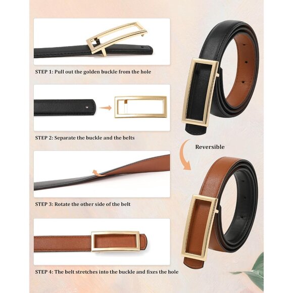 🆕Women Black/Brown Reversible  Leather Skinny Belt with Golden Buckle for Jean - Picture 2 of 7